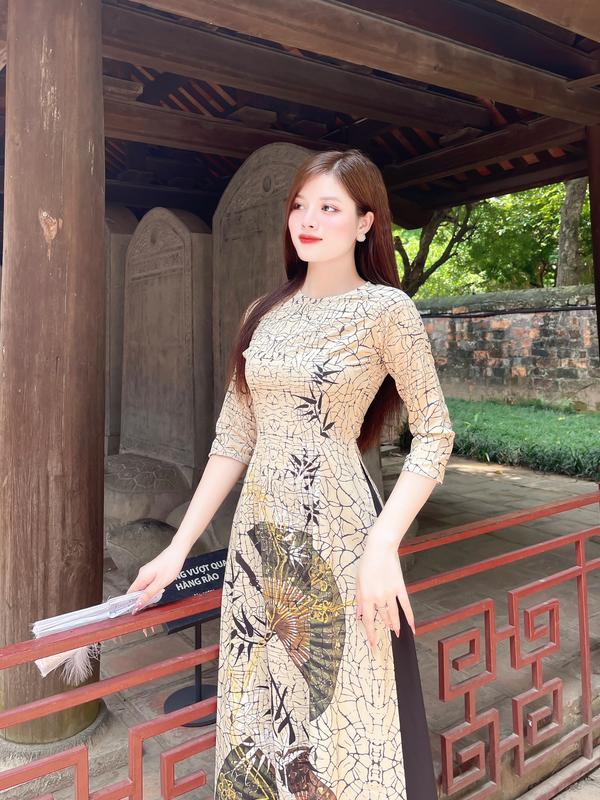 Áo dài lụa nhật in 6D - MÃ LV66 Nữ Women Dress Nhung Sen Kem Voi 4