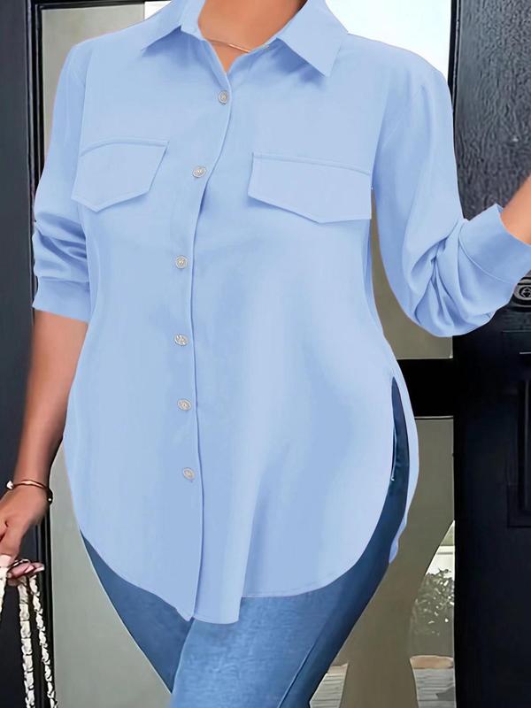 Plus Size Plain Button Front Split Hem Blouse, Casual Long Sleeve Fake Pocket Collared Top for Daily Wear, Women's Plus Clothing for All Seasons, Elegant Plus Size, Shirtswomen 4