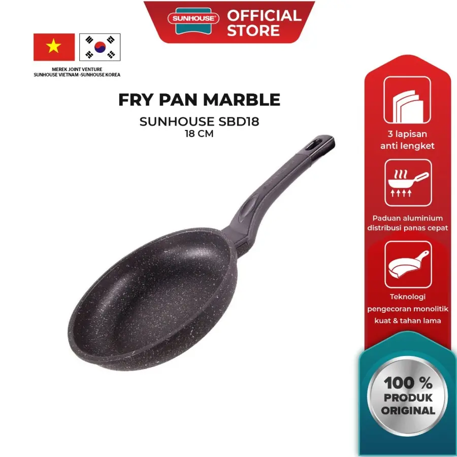 Sunhouse SBD18 Marble Frypan   Hitam 18 cm 1 Pcs lengket anti penggorengan Aluminium Dapur Wajan Kitchenware Panci