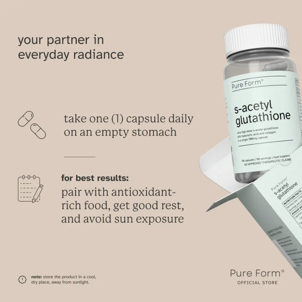 pure s acetyl glutathione Pure Form S-Acetyl Glutathione| 90 Capsules| 700mg of Gluta + Hyaluronic Acid + Collagen