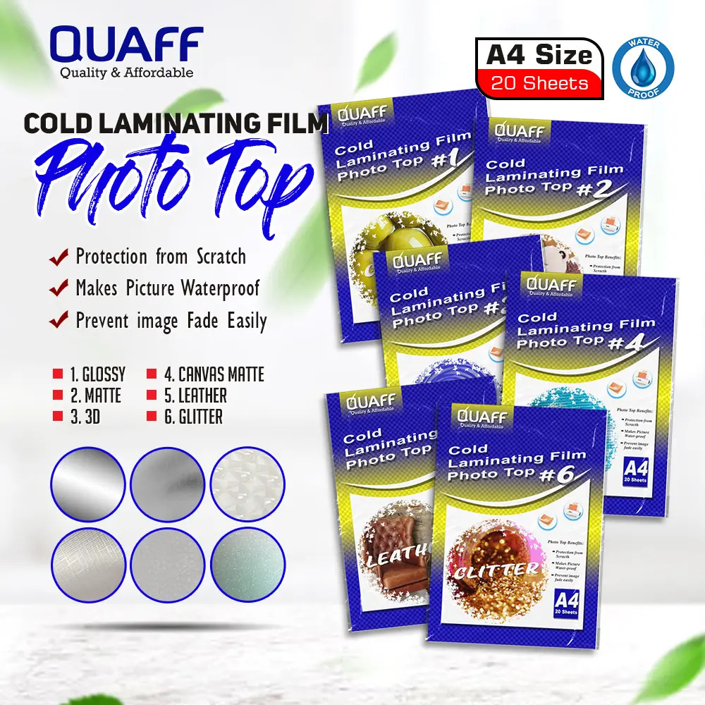Quaff Cold Laminating Film Glossy / Matte / Glitter / 3D/ Leather / Canvas Matte /  holographic Rainbow & Broken glass