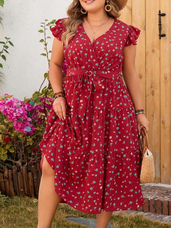 Plus Size All Over Print Belted Ruffle Wrap Butterfly Sleeve Dress, Cute Women Summer Clothes, Dresses for Women, Plus Size Dresses, Elegant V Neck Cap Sleeve A Line Dress for Vacation Holiday, Summer Dresses 2024 4