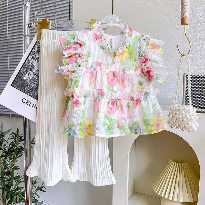 KFO34-Setelan Set Anak Perempuan Blouse Ruffle Celana Plisket Bunga Vibrant