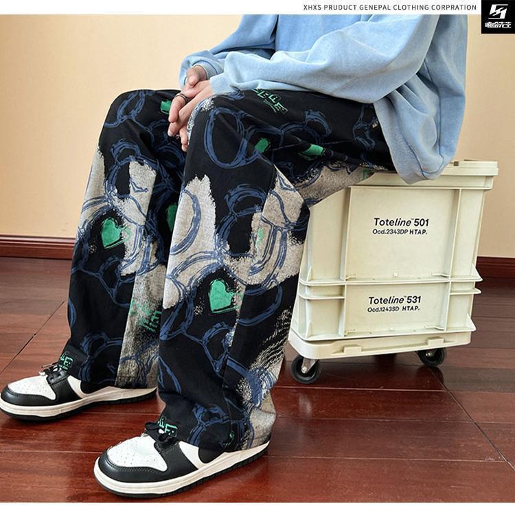 Product Introduction of 2024 Pants Trendy Brand Pu Shuai Fried Street Men's Autumn Vintage Vintage Casual Pants American Retro Graffiti Full Printed Wide-Leg Pants 6
