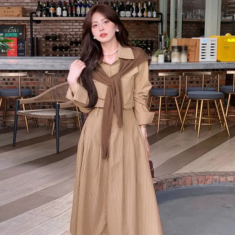 FADFAD Korean style women's casual fashion slim waist long-sleeved long striped dress 1