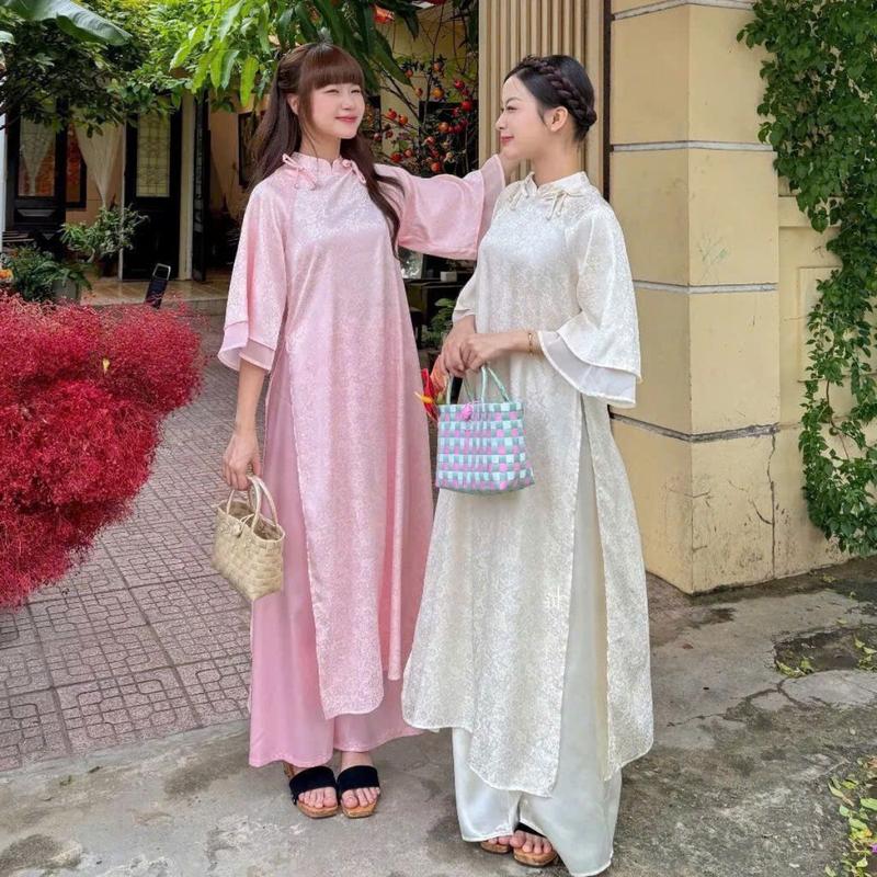 Set áo dài cách tân 2 tà nữ Maian áo đính nơ in hoa chất lụa gấm cổ tim dáng suông kèm theo quần lụa bóng ống rộng S5268 2