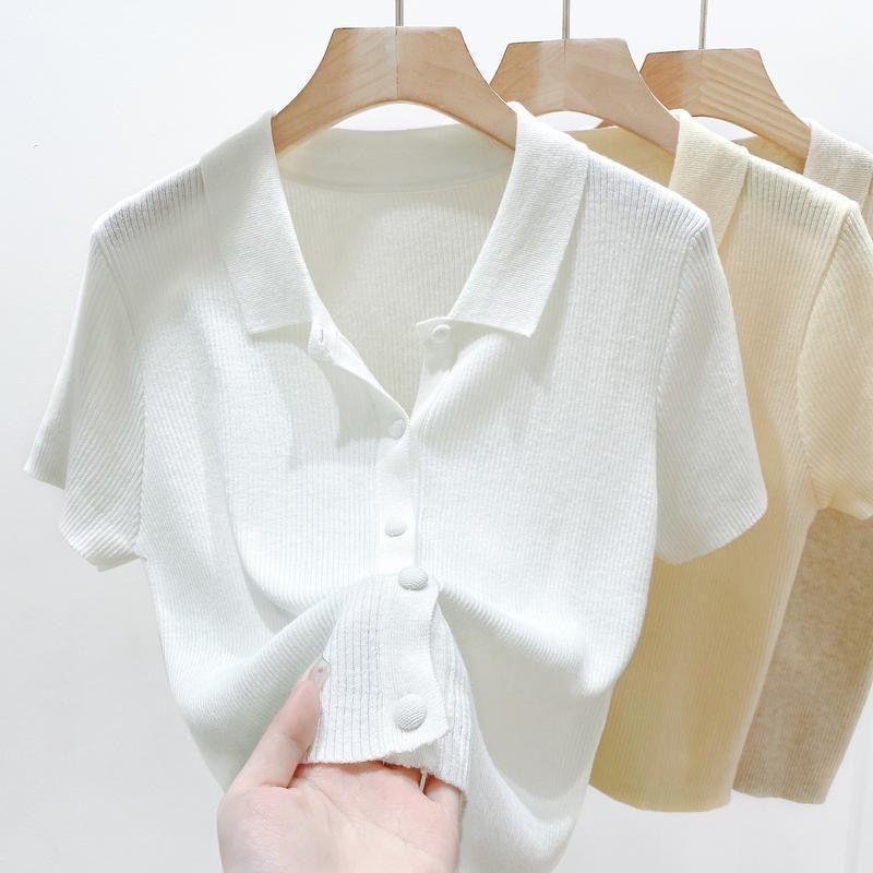 Đồ Len Dệt Kim, Ngắn Tay, Cổ Polo Mỏng, Thanh Lịch Và Mỏng Vừa Vặn, Dành Cho Phụ Nữ Vào Mùa Hè, Màu Trơn Nhỏ Dễ Phối Đồ Áo Cardigan Ngắn 2