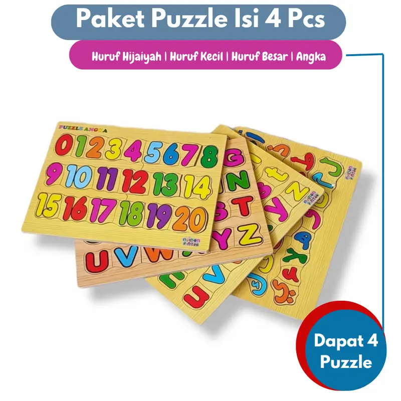 Mainan Edukasi Anak Paket Puzzle Kayu Isi 4 Huruf Hijaiyah Arab Huruf Besar Kecil Angka 0-20 0
