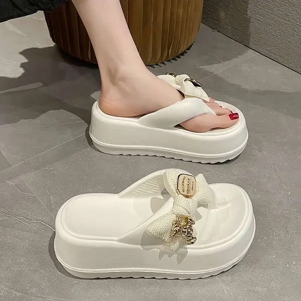 Kẹp tông đế độn 5cm gắn Nơ xinh xắn thời trang đi biển DéP GiàY Shoes Nữ Hoa