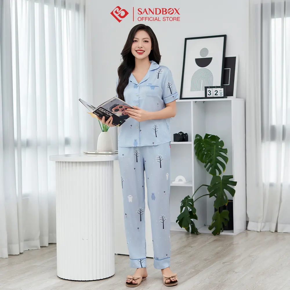 Bộ Pijama Nữ Sandbox BPC24002 Chất Lụa Latin Cao Cấp Thiết Kế Phối Trẻ Trung Mềm Mại - Nhung, Lịch dobo - Voi, Kem