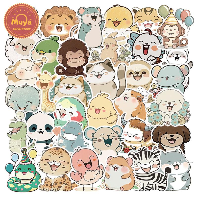MUYA 50pcs Happy Animal Stickers Waterproof Cartoon Vinyl Stickers for ...