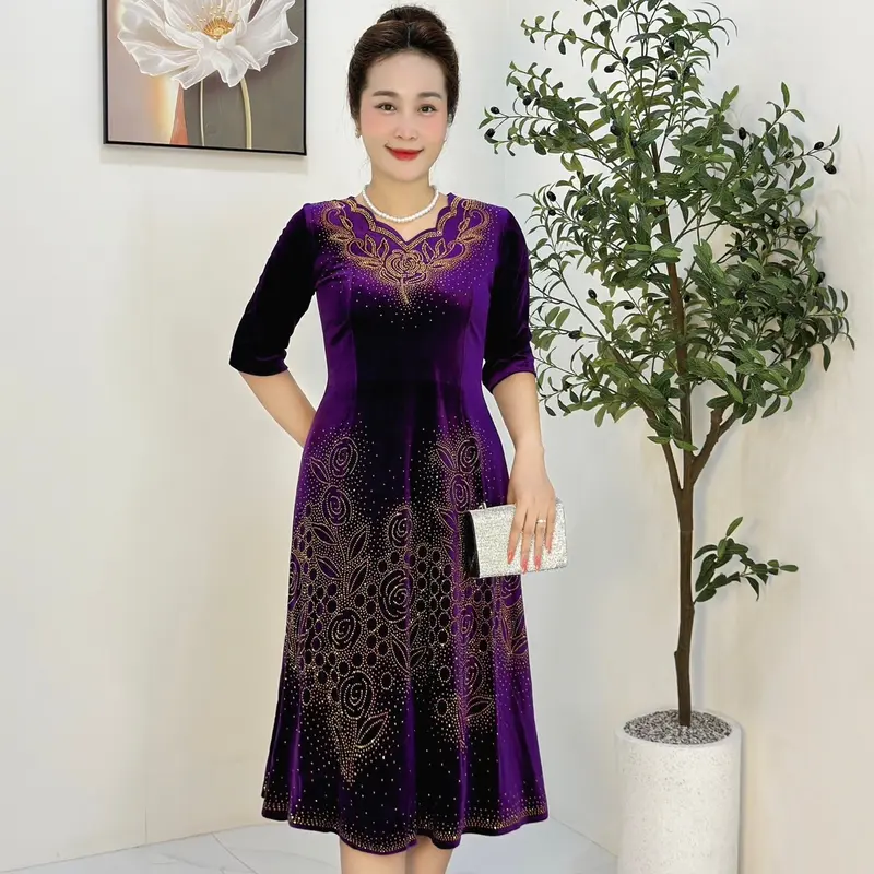Đầm Trung Niên M678 Vải nhung tuyết co giãn size Từ 48-75kg ép đá dmc Ôm gọn Thanh lịch Dress Váy Nữ Tím Women Đỏ 7