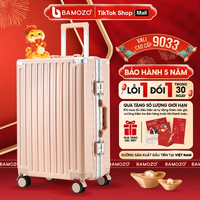 [COMBO SIZE 20+24] Vali Du Lịch Bamozo 9033 Vali Khóa Sập Cao Cấp Nam Nữ Size 20/24 nhựa PC nguyên khối Bảo Hành 5 Năm + Tặng bọc vali trong suốt 0