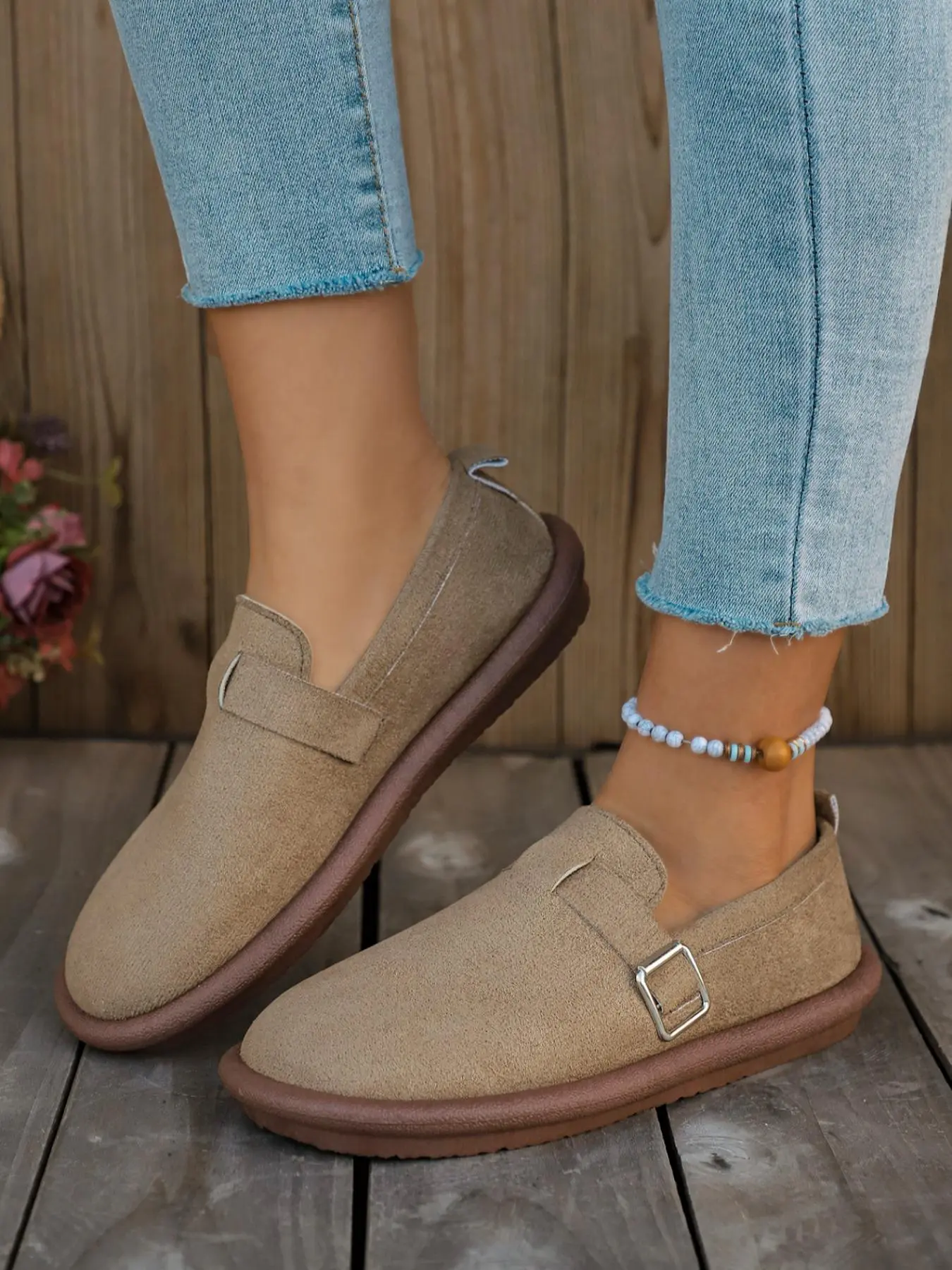 Women's Fashionable Solid Color Slip on Loafers, Casual Comfortable Buckle Design Shoes for Daily Wear, Lightweight Breathable Shoes for Women, Girl