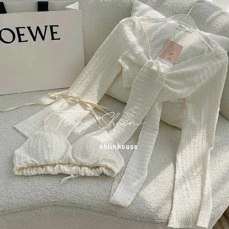 Sét đồ bikini mặc đi biển du lịch sét 3 món Ren lỗ áo Bra có mút dày kèm áo khoác tay dài mix chân váy mini khoe dáng siêu xinh sexy Nữ Women Kem 2 màu cuốn hút 2