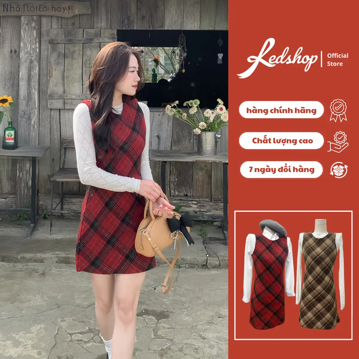 Váy yếm nữ Red Shop chất dạ kẻ 306003 - Đầm phong cách Hàn Quốc - Women, Dress Đỏ - Tết Voan Kem Sen