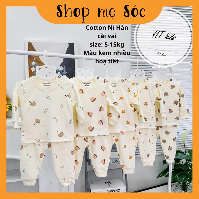 Bộ quần áo COTTON NỈ HÀN dài tay cài vai thu đông, nền trắng kem cho bé trai bé gái 5-15kg