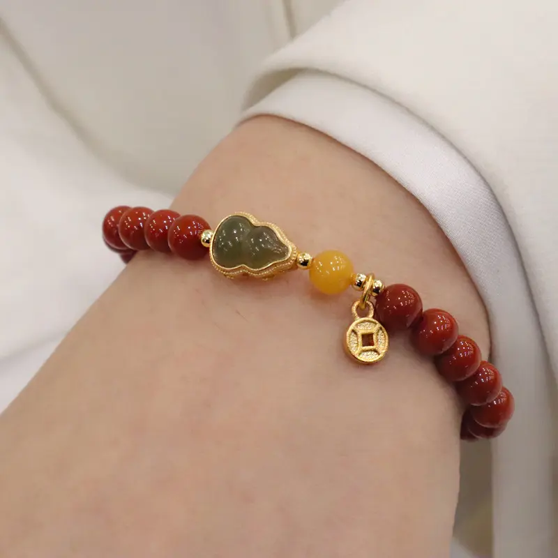 Natural South Red Agate Bracelet Bracelet Ins Special-Interest Design High Sense S925 Silver Hetian Jade Gourd Hand Jewelry