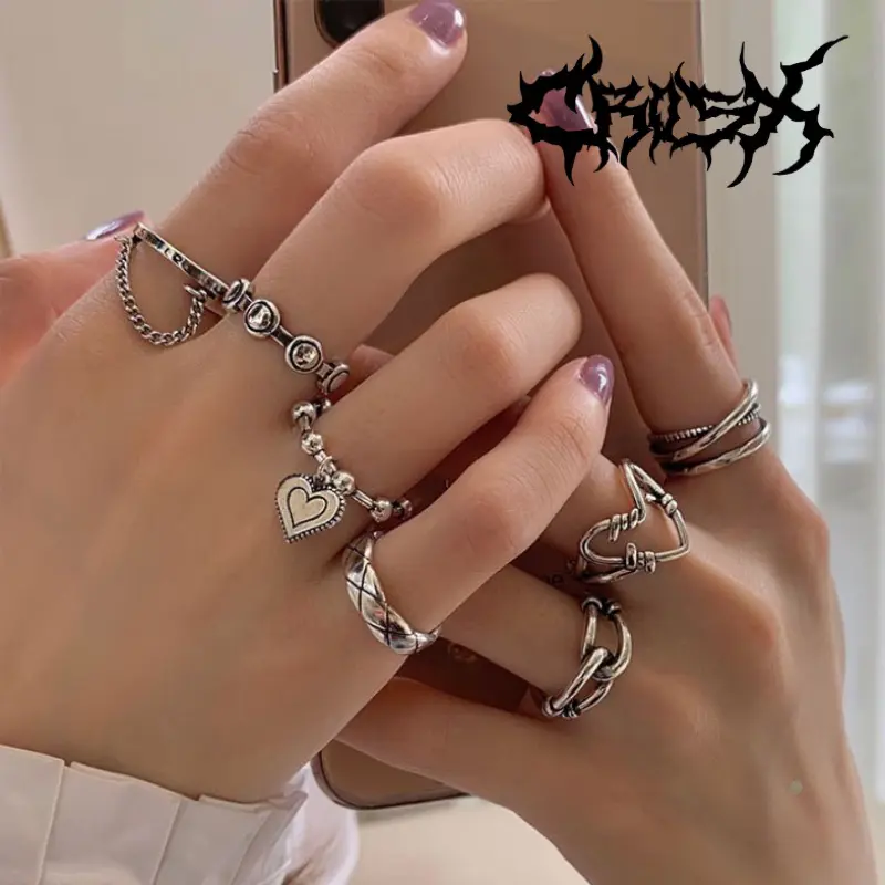 ESSE RING SET / 7PCS LOVE OVAL POLA HATI CHAIN RANTAI WIRE CINCIN HITAM SILVER / COUPLE RING CINCIN COUPLE KOREAN STYLE RING CINCIN STYLE KOREA CINCIN AESTHETIC RING CINCIN TITANIUM CINCIN STAINLESS STEEL CINCIN PRIA WANITA HIPHOP PUNK RETRO VINTAGE RING