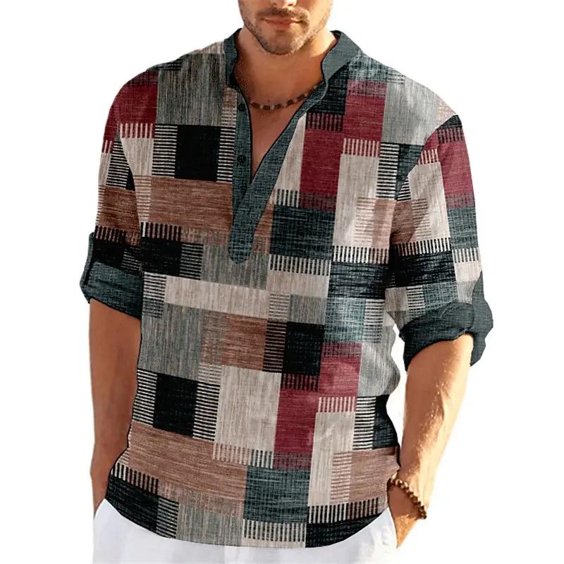 Product Introduction of Men's Spring and Summer Retro Fashion 3D Printed Color blocked Grid Pattern Henley Collar Long Sleeve Shirt Top 12