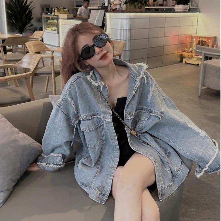 Áo khoác bò FORM RỘNG Basic rách xước ngầu chất,tiện dụng giá rẻ, chất lượng vừa phải hot trend Top Nữ Women