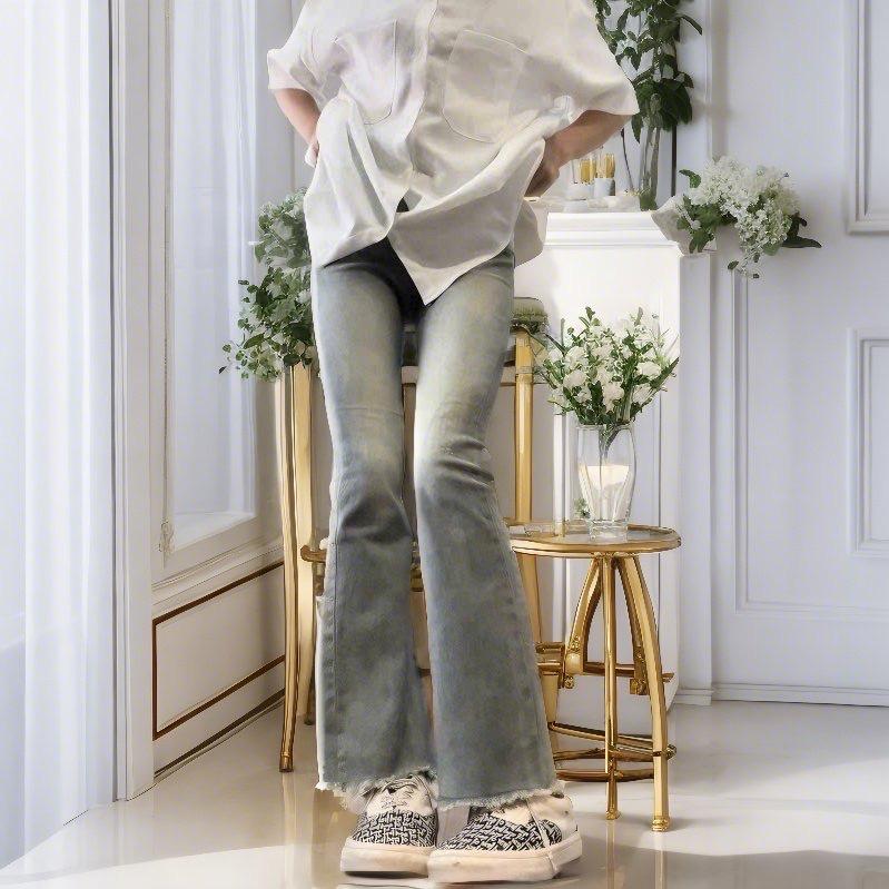Quần jean ống loe màu xanh bạc mài đùi lưng cao dành cho NẤM LUN M55 Nữ Women 4