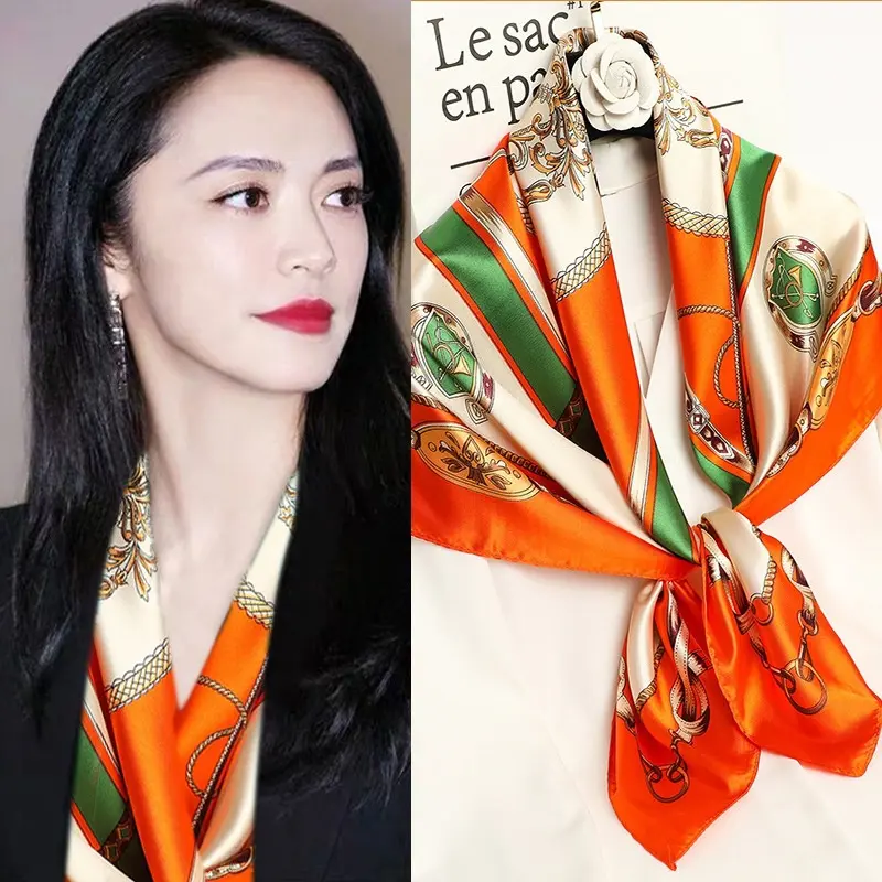 90*90 New Autumn and Winter Women's Large Kerchief Satin Printed Silk Scarf Headscarf Imitated Silk Scarves Gift