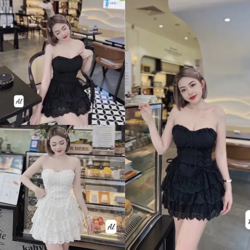 ￼[HÀNG CHUẨN] Sét Váy áo cúp ngực chân váy ren chun lưng siêu xinh