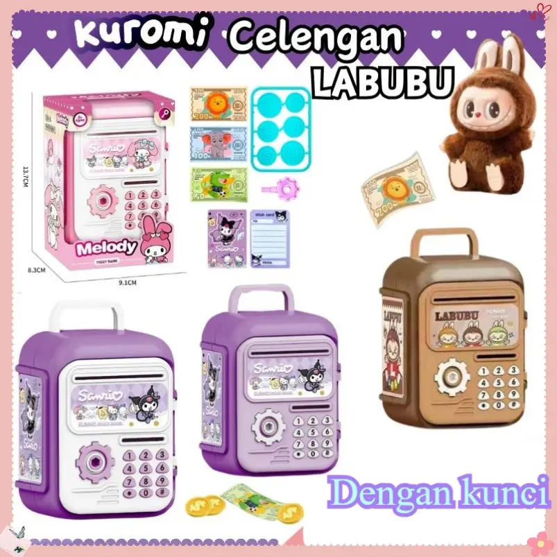 COD  Mini Labubu Mainan Anak-anak ATM Tabungan Uang Kotak Penyimpanan Kuromi Lucu  Koin Kartun Hadiah Kertas Plastik celengan kunci