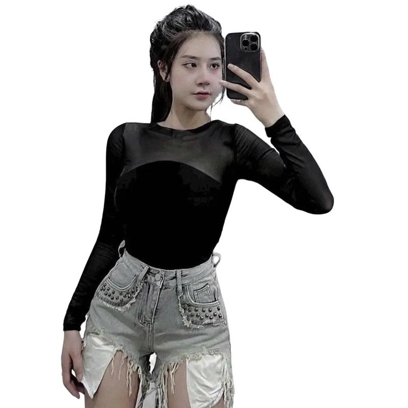 [BIGSIZE] Áo lưới phối cotton zip bigsize 2 phiên bản Nữ Women Top Kem