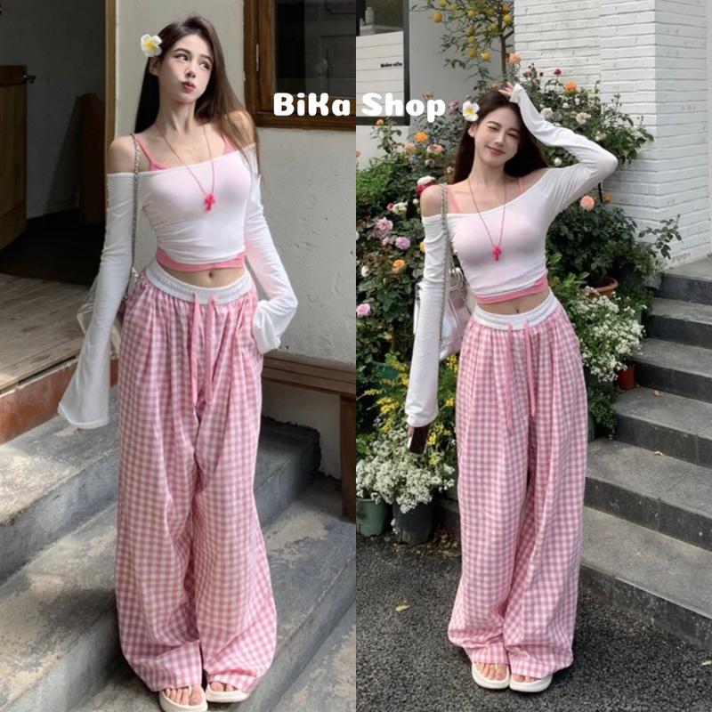 Quần ống rộng caro cạp trắng hót hít 2025. Đủ màu. dễ mặc dễ mix đồ ( CR6) Nữ Ong