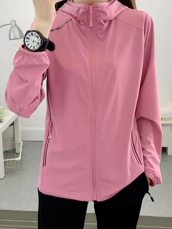 Women's Solid Color Ice Silk Zip Pocket Hooded Jacket, Casual Long Sleeve Sun Protection Jacket for Outdoor Activities, Ladies Sportswear for Spring & Fall 1