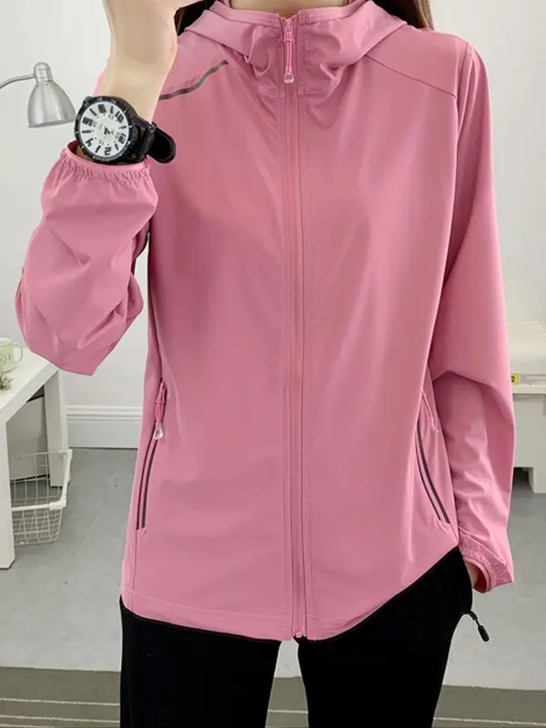 Women's Solid Color Ice Silk Zip Pocket Hooded Jacket, Casual Long Sleeve Sun Protection Jacket for Outdoor Activities, Ladies Sportswear for Spring & Fall 1