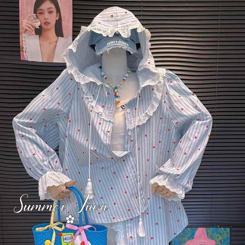 Áo Babydoll có mũ phối ren kẻ sọc trái tim Jiwa Quảng Châu chính hãng Nữ Women
