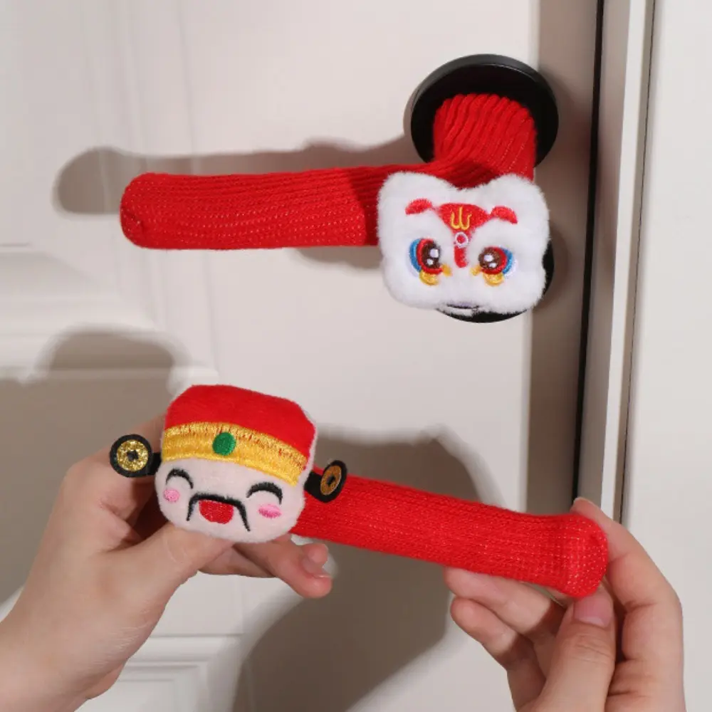 Static Mat God of Wealth Lion Dance Door Knob Cover Loong Knitted Lantern Door Handle Glove Anti Collision Koi Chinese New Year Doorknob Cover Bedroom