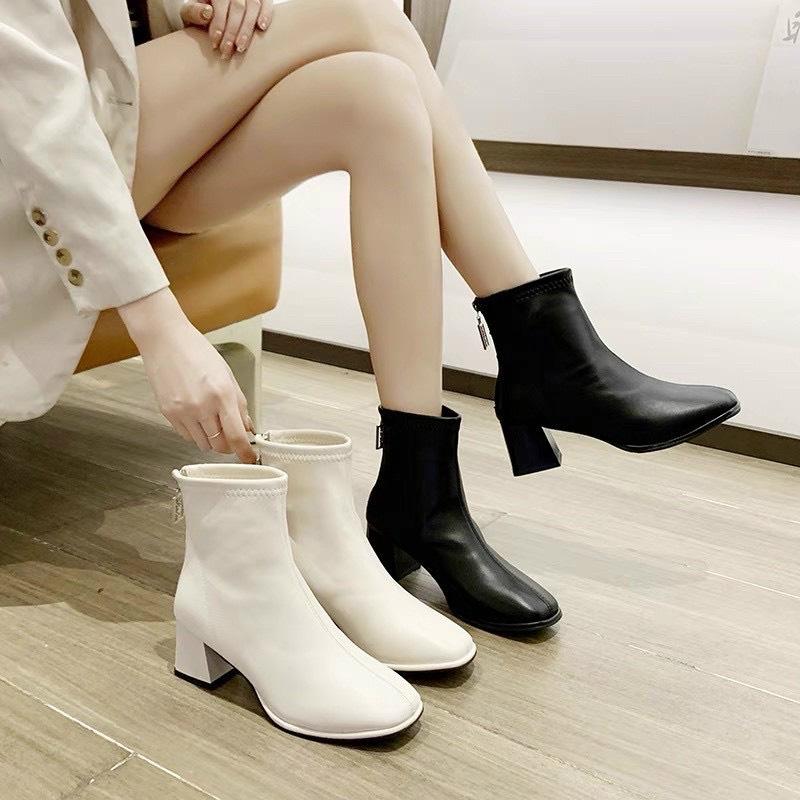 Bốt Nữ Trơn Cổ Ngắn Khoá Sau ( Hàng Quảng Châu Fullbox ) 2 Màu Đế 7phân Shoes GiàY Boot Cổ Cao