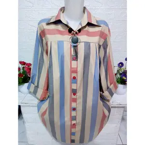 kemeja & blus Al Dharren Tunik jumbo ld 120 motif garis lengan panjang Katun Kerja Wanita Muslim korean style rose gold Pink