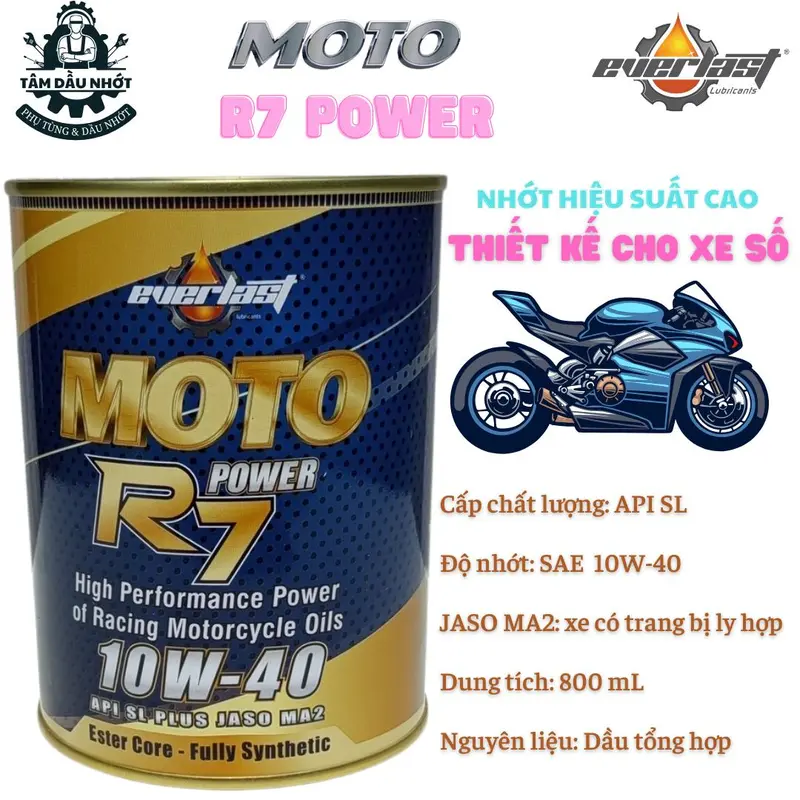 Combo 2 lon Dầu Nhớt xe số/côn tay - Everlast MOTO R7 POWER 10W40 SL 0.8L JASO MA2 - Kèm 1 chai nước làm mát động cơ 1