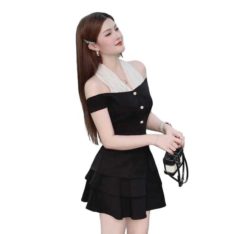 Mèo Mỡ Bigsize — Set bộ yếm cổ V trễ vai kèm chân váy tầng dáng ngắn bigsize 50-100kg nữ trên gối Women