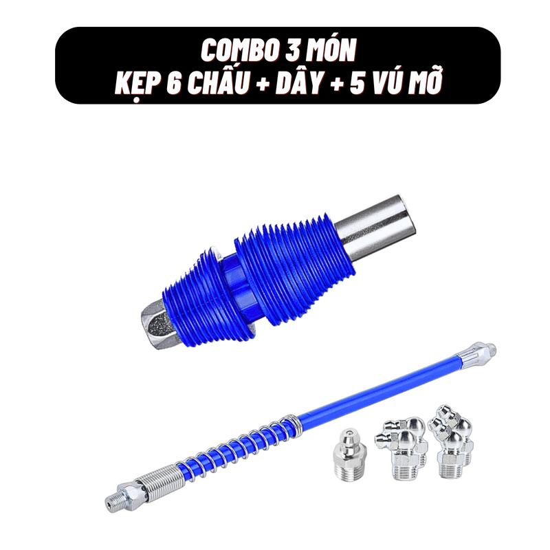 COMBO 3 Món Đầu Bơm Mỡ 6 Chấu - Dây Bơm Mỡ - 5 Vú Mỡ
