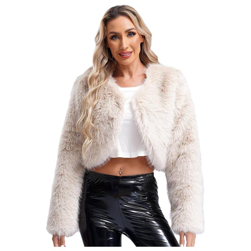 inhzoy Islamic Womens Cropped Faux Fur Jacket Open Front Furry Short Coat Long Sleeve Winter Cardigan Outerwear 3