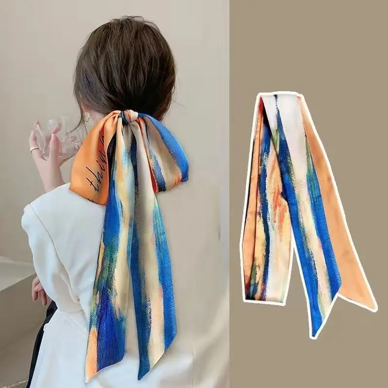 Super long hair band ribbon tie hair print long French silk scarf French oil painting retro style head tie hair long flowing ribbon