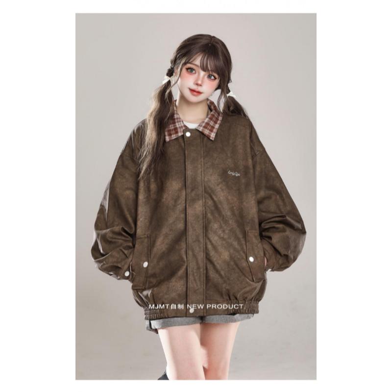 Product Introduction of American Retro Spliced plaid Lapel Jacket For Women In Autumn New Loose Bf Trendy Brand Baseball Uniform Pu Leather Jacket 22