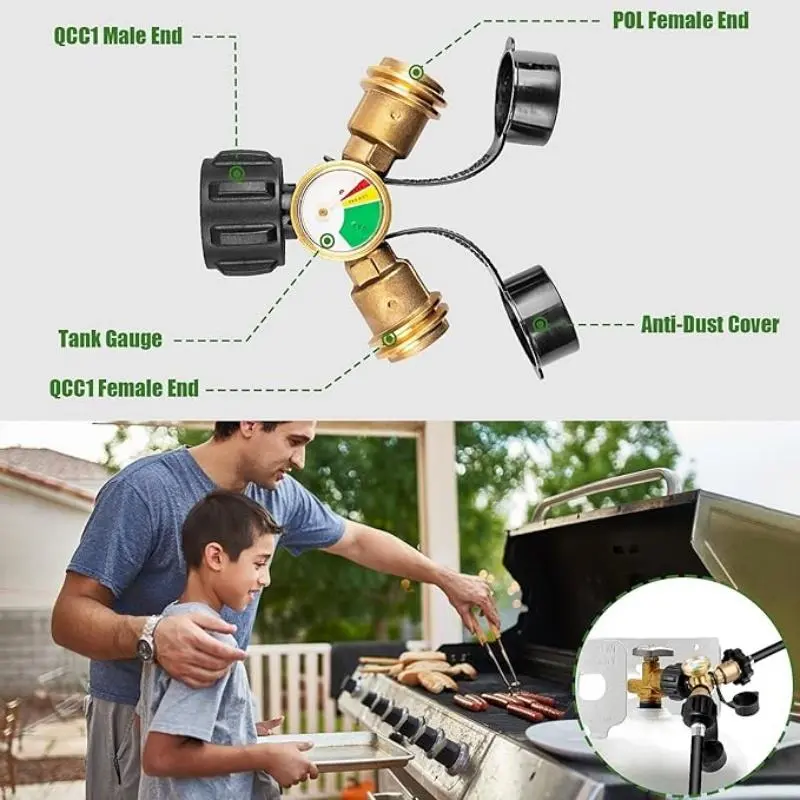 Propane Tank Splitter with Gauge & Shut Off Valve, 2 Way Propane Splitter Adapter, Propane Hose Splitter Manifold for Camping Stoves, Heater, BBQ Grill, Gas Burner 6