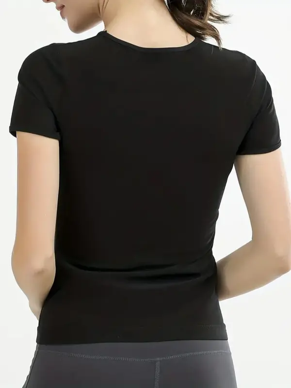 Women's Solid Round Neck Short Sleeve Sports Tee, Casual Style Crew Neck Sauna Top for Workout Gym Running Wear, Women Sport & Outdoor Clothing for Summer 7