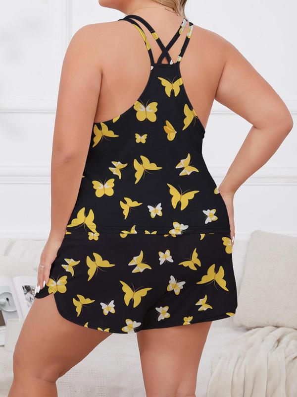 Plus Size Two-Piece Set Butterfly/Tie Dye Print Cami Top & Elastic Waist Shorts Pyjama Set, Casual Scoop Neck Sleeveless Top & Shorts Loungewear Set, Women's Sleepwear for All Seasons 5