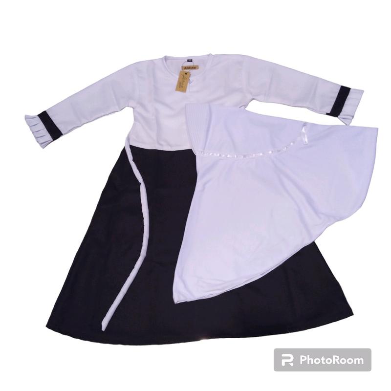 set gamis hitam putih /seragam sekolah anak Paud TK MD bahan katun toyobo usia 3-11tahun Katun Polos Hitam Putih 1