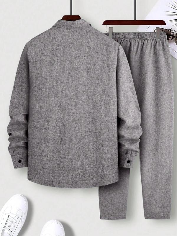 Men's Button Front Drawstring Waist Two-piece Set, Regular Fit Casual Long Sleeve Top & Pocket Trousers Co-ord Set, Going Out Outfit, Drippy Outfit， Men Sweatsuit Set 2