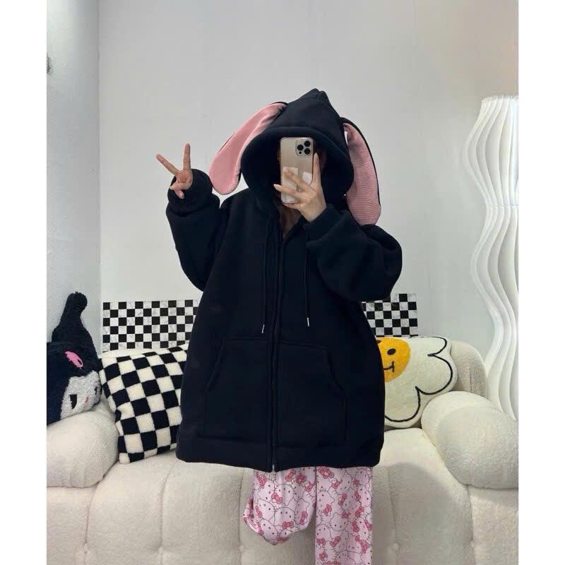 Áo hoodie nỉ tai thỏ tặng kèm nơ hồng chát nỉ tàu mũ trùm siêu xinh 6