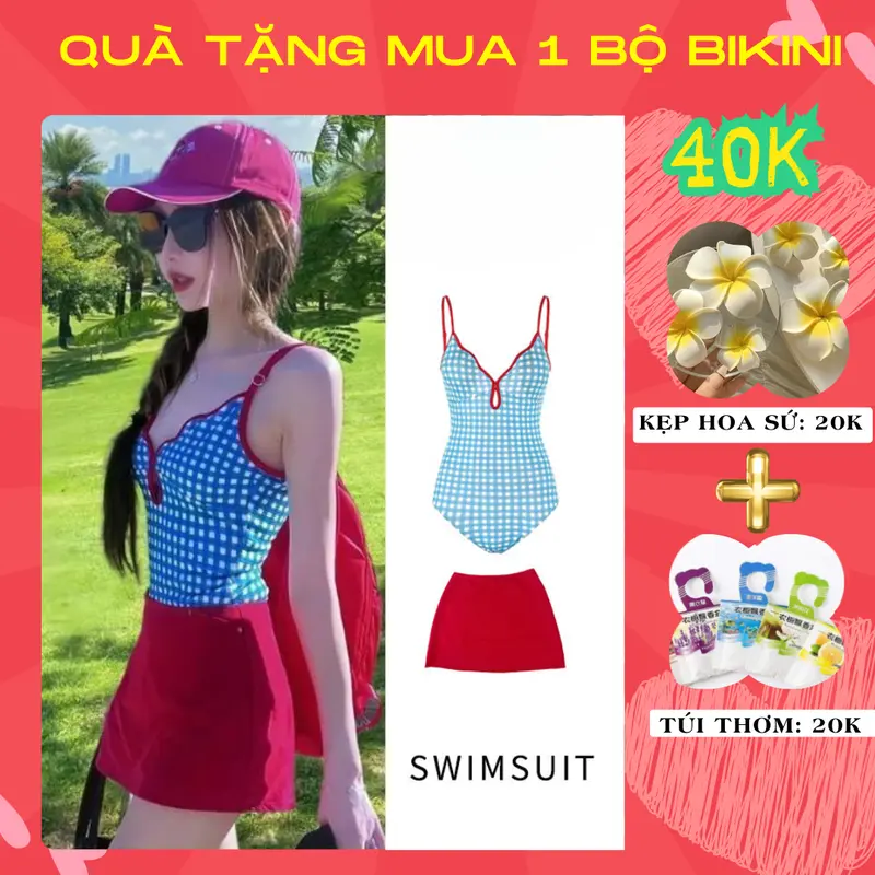 Bikini jumsuit 2 dây kèm váy đồ bơi liền thân màu kẻ caro xanh xinh xăn nổi bật kèm chân váy đỏ SET CARO XANH VÁY ĐỎ D4 0
